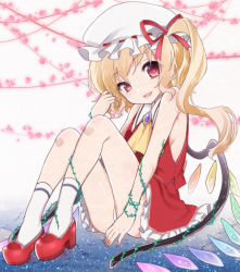 Rule 34 | 1girl, adapted costume, asa (coco), ascot, bad id, bad pixiv id, bare legs, bare shoulders, blonde hair, brooch, flandre scarlet, hat, jewelry, looking at viewer, nail polish, open mouth, plant, red eyes, short hair, side ponytail, sitting, skirt, smile, smirk, solo, touhou, uneven eyes, vines, wings