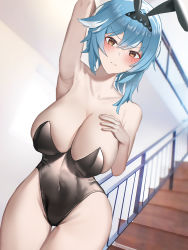 Rule 34 | 1girl, absurdres, animal ears, arm up, armpits, bare arms, bare shoulders, black hairband, black leotard, blue hair, blush, breasts, brown eyes, cleavage, collarbone, commentary, cowboy shot, eula (genshin impact), fake animal ears, genshin impact, hair between eyes, hairband, hand on own chest, highres, indoors, large breasts, leotard, looking at viewer, nose blush, playboy bunny, rabbit ears, railing, revision, shine (shine art), short hair, solo, stairs, standing, strapless, strapless leotard, thighs