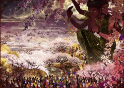 Rule 34 | 6+boys, 6+girls, armlet, arms up, asura (mythology), black hair, bracelet, buddhism, car, cherry blossoms, commentary request, dark skin, extra arms, giant, highres, indian clothes, jewelry, kibi (kibi.ibik), long earlobes, looking to the side, motor vehicle, multiple boys, multiple girls, multiple heads, necklace, on one knee, original, own hands together, short hair, stretched earlobes, tree, yellow eyes