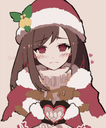 Rule 34 | 1girl, artist name, blush, brown hair, capelet, christmas, closed mouth, final fantasy, final fantasy vii, final fantasy vii ever crisis, frown, fur-trimmed capelet, fur-trimmed gloves, fur-trimmed headwear, fur trim, gloves, grey background, hat, hat bell, heart, heart hands, hiyunagi, leaf hat ornament, long hair, looking at viewer, official alternate costume, red eyes, red gloves, santa costume, santa hat, shy, solo, sweater, swept bangs, tifa lockhart, tifa lockhart (fairy of the holy flame), turtleneck, turtleneck sweater, upper body, white fur, white sweater