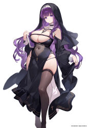 Rule 34 | 1girl, black dress, book, breasts, covered navel, cross, dress, feet out of frame, fern (sousou no frieren), habit, highres, holding, holding book, large breasts, long hair, looking at viewer, machi (7769), nun, parted lips, pelvic curtain, purple eyes, purple hair, purple nails, side slit, simple background, skindentation, solo, sousou no frieren, thighhighs, thighs, very long hair, white background