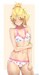 Rule 34 | abs, absurdres, angry, bare arms, bare shoulders, bikini, blonde hair, blush, border, cleavage cutout, clothing cutout, deccatezu, fate/grand order, fate (series), food print, gareth (fate), gareth (swimsuit saber) (fate), green eyes, highres, mordred (fate), navel, ponytail, red scrunchie, scrunchie, strawberry print, swimsuit, thighs, twitter username, white bikini, white border