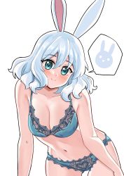 Rule 34 | 1girl, absurdres, acefish, animal ears, blush, bra, breasts, cleavage, closed mouth, cowboy shot, green bra, green eyes, green panties, head tilt, highres, large breasts, looking at viewer, mary (acefish), medium hair, original, panties, rabbit ears, rabbit girl, smile, solo, speech bubble, underwear, underwear only, white hair