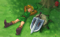 Rule 34 | 1boy, arms behind head, blonde hair, closed eyes, grass, highres, link, lying, male focus, nintendo, no pants, official art, official wallpaper, shade, shield, smile, solo, sword, the legend of zelda, the legend of zelda: a link to the past, tree stump, wallpaper, weapon
