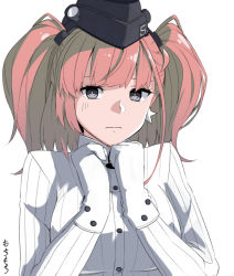Rule 34 | 1girl, atlanta (kancolle), breasts, brown hair, commentary request, earrings, garrison cap, gloves, grey eyes, hat, jewelry, kantai collection, large breasts, long hair, long sleeves, looking at viewer, moti coi, one-hour drawing challenge, partially fingerless gloves, shirt, simple background, solo, star (symbol), star earrings, two side up, upper body, white background, white gloves, white shirt
