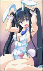 Rule 34 | 1girl, :d, animal ears, armpits, arms up, black hair, blue eyes, breasts, rabbit ears, rabbit tail, cleavage, houraisan kaguya, kiyama satoshi, long hair, looking at viewer, open mouth, playboy bunny, sitting, smile, solo, tail, touhou, twintails, wrist cuffs