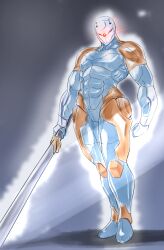 Rule 34 | 1boy, armor, clenched hand, commentary request, cyborg, cyborg ninja, full body, glowing, glowing eye, grey background, helmet, highres, holding, holding sword, holding weapon, katana, male focus, mask, metal gear (series), metal gear solid, ninja, one-eyed, red eyes, science fiction, shimazu kaname, simple background, solo, standing, sword, weapon