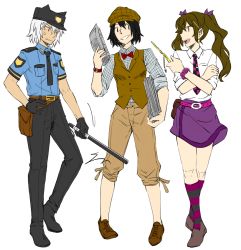 Rule 34 | 3girls, adapted costume, alternate costume, anger vein, animal ears, belt, black gloves, black hair, bow, bowtie, brown hair, cellphone, clenched teeth, dlanon, fake animal ears, flat cap, full body, gloves, grin, hair bow, hat, himekaidou hatate, inubashiri momiji, kneehighs, long hair, long sleeves, looking at another, looking at viewer, multicolored clothes, multicolored legwear, multiple girls, necktie, newspaper, object behind ear, open mouth, pants, pencil skirt, phone, plaid, plaid shirt, police, police hat, police uniform, profile, shameimaru aya, shirt, shoes, short hair, short sleeves, simple background, skirt, smile, socks, striped clothes, striped legwear, striped socks, teeth, touhou, twintails, uniform, vest, watch, white background, white hair