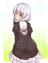 Rule 34 | 1girl, ass, blue eyes, blush, cougar (cougar1404), dress, from behind, honkai (series), honkai impact 3rd, leaning, leaning forward, long hair, looking at viewer, looking back, nun, shiny clothes, smile, solo, theresa apocalypse, white hair