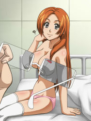 Rule 34 | 1girl, ?, arm support, awa, bed, bleach, breasts, false clothes, glasses, glasses view, indoors, inoue orihime, large breasts, long hair, looking at viewer, orange hair, panties, pink panties, pov, reverse x-ray, sitting, thighhighs, topless, underwear, white thighhighs