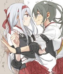 Rule 34 | 2girls, ?, against wall, blush, closed mouth, commentary request, couple, crack, cracked wall, eye color request, eye contact, furrowed brow, green hair, grey hair, hair ribbon, hakama, hakama short skirt, hakama skirt, imminent kiss, japanese clothes, kabedon, kantai collection, large hands, long hair, looking at another, multiple girls, muneate, nape, profile, ree (re-19), ribbon, shoukaku (kancolle), skirt, surprised arms, sweat, translation request, twintails, wavy mouth, white ribbon, yuri, zuikaku (kancolle)