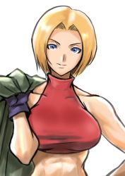 Rule 34 | 1girl, anagumasan, blonde hair, blouse, blue eyes, blue mary, covered collarbone, crop top, fatal fury, gloves, halterneck, hand on own hip, highres, jacket, jacket on shoulders, muscular, muscular female, red shirt, shirt, short hair, simple background, sleeveless, sleeveless shirt, snk, solo, taut clothes, taut shirt, the king of fighters, unworn jacket, upper body, white background