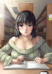 Rule 34 | 1girl, bare shoulders, black eyes, black hair, blush, book, bookshelf, breast rest, breasts, cable, cellphone, chair, cleavage, cloel, collarbone, headphones, highres, indoors, large breasts, library, long hair, long sleeves, looking at viewer, no bra, notebook, off-shoulder, off-shoulder sweater, off shoulder, open book, original, parted lips, pen, phone, pov across table, ribbed sweater, sitting, smartphone, solo, sweater, table, writing