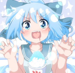 Rule 34 | + +, 1girl, :d, ahoge, blue bow, blue eyes, blue hair, blush, bow, cirno, claw pose, collarbone, do (4-rt), drooling, eyes visible through hair, fang, food, hair bow, heart, heart in mouth, looking at viewer, mouth drool, open mouth, sailor collar, shaved ice, short hair, sleeveless, smile, solo, sparkle, touhou, upper body, v-shaped eyebrows