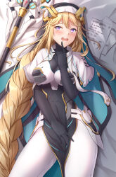 Rule 34 | 1girl, black bodysuit, black gloves, blonde hair, blue eyes, bodysuit, braid, braided ponytail, breasts, commentary, drooling, elbow gloves, eyelashes, finger to mouth, gloves, goddess of victory: nikke, habit, hand up, heart, heart-shaped pupils, highres, large breasts, long hair, lying, muwa12, on back, open mouth, paper, pelvic curtain, raised eyebrows, rapunzel (nikke), saliva, solo, symbol-shaped pupils, teeth, upper teeth only, very long hair, weapon, white bodysuit