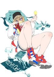 1girl blonde_hair eating full_body glasses hair_ornament hairpin highres hikiotani_ito multiple_hairpins no_socks non-web_source punch_line reebok_pump shoes sneakers