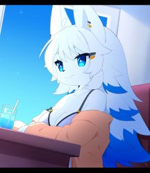 Rule 34 | 1girl, absurdres, ahoge, bikini, blue eyes, blue hair, body fur, bright pupils, chair, cup, desk, dev voxy, drinking glass, drinking straw, earrings, female focus, furry, furry female, highres, jacket, jewelry, multicolored hair, off shoulder, original, sitting, smile, solo, strap slip, swimsuit, two-tone hair, white fur, white hair, white pupils, window