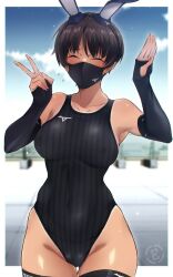 Rule 34 | 1girl, animal ears, arm warmers, armpits, black hair, black mask, black one-piece swimsuit, black thighhighs, blue sky, blurry, blurry background, blush, breasts, closed eyes, cloud, cloudy sky, collarbone, commentary, competition swimsuit, covered erect nipples, covered mouth, covered navel, cowboy shot, day, em (totsuzen no hakike), facing viewer, fake animal ears, flying sweatdrops, gluteal fold, goggles, goggles on head, mask, medium breasts, mizuno (brand), mole, mole on crotch, mole under eye, mouth mask, one-piece swimsuit, original, outdoors, playboy bunny swimsuit, rabbit ears, short hair, skin tight, sky, solo, standing, swim goggles, swimsuit, thigh gap, thighhighs, v