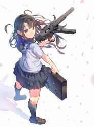 Rule 34 | 1girl, :o, black skirt, black socks, blunt bangs, briefcase, brown eyes, brown footwear, brown hair, cherry blossoms, daito, floating hair, from above, from behind, full body, gun, kneehighs, loafers, long hair, looking to the side, messy hair, original, parted lips, petals, pleated skirt, sailor collar, school briefcase, school uniform, serafuku, shirt, shoes, short sleeves, simple background, skirt, socks, solo, standing, submachine gun, suitcase, weapon, white background, white shirt, wind