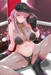 Rule 34 | 1girl, absurdres, baseball cap, blush, boxing gloves, boxing ring, breasts, closed mouth, hat, highres, hololive, hololive english, jewelry, large breasts, long hair, looking at viewer, mori calliope, navel, necklace, nonoririn, pink eyes, pink hair, ponytail, pussy, see-through, shadow, smile, solo, sparkle, spread legs, sweat, thighs, virtual youtuber