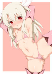 Rule 34 | 1girl, armpits, arms behind head, bare shoulders, bikini, blush, boots, breasts, covered erect nipples, elbow gloves, fate/grand order, fate/kaleid liner prisma illya, fate (series), feather hair ornament, feathers, gloves, hair between eyes, feather hair ornament, illyasviel von einzbern, long hair, looking at viewer, micro bikini, navel, pink bikini, pink footwear, pink gloves, prisma illya, red eyes, sidelocks, small breasts, standing, standing on one leg, swimsuit, thigh boots, thighhighs, toshishikisai, two side up, white hair