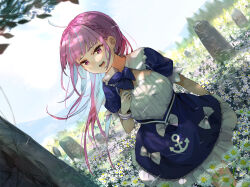 Rule 34 | 1girl, anchor symbol, blue hair, braid, colored inner hair, commentary request, daisy, dress, dutch angle, field, floating hair, flower, flower field, french braid, funi mu9, hair down, highres, hololive, minato aqua, minato aqua (1st costume), multicolored hair, open mouth, outdoors, purple eyes, purple hair, solo, streaked hair, tombstone, virtual youtuber