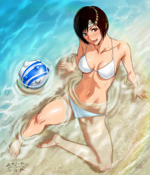 Rule 34 | 1girl, ball, barefoot, beach, bikini, black hair, blitzball, breasts, cleavage, costa del sol, final fantasy, final fantasy vii, final fantasy x, forehead protector, from above, halterneck, highres, looking at viewer, navel, partially submerged, sgk, short hair, side-tie bikini bottom, sitting, smile, solo, square enix, stomach, string bikini, swimsuit, water, wet, white bikini, yuffie kisaragi