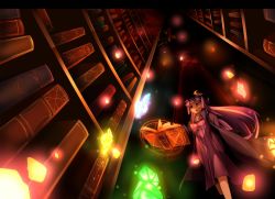 Rule 34 | 2girls, bat wings, book, bookshelf, breasts, cleavage, crescent, crystal, dress, female focus, glowing, hat, koakuma, library, magic circle, medium breasts, multiple girls, nagano (touhounokiwami), open mouth, patchouli knowledge, purple hair, red hair, touhou, voile, wings