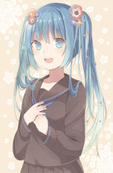 Rule 34 | 1girl, :d, bad id, bad pixiv id, blue eyes, blue hair, flower, flower on head, hair flower, hair ornament, hands on own chest, hatsune miku, long hair, matching hair/eyes, nagitoki, open mouth, school uniform, serafuku, smile, solo, twintails, vocaloid