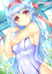 Rule 34 | 10s, 1girl, 5han, bad id, bad pixiv id, blue hair, competition swimsuit, headband, kantai collection, long hair, one-piece swimsuit, red eyes, revision, shoukaku (kancolle), smile, solo, swimsuit