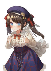 Rule 34 | 1girl, absurdres, aged down, beret, blouse, blue eyes, blue hat, blue skirt, bow, bowtie, brown hair, center frills, collared shirt, commentary request, frilled shirt, frilled skirt, frills, hair ornament, hair ribbon, hat, high-waist skirt, highres, holding strap, hololive, long hair, long sleeves, looking at viewer, oozora subaru, oozora subaru (casual), red ribbon, ribbon, shirt, shuang xiyu, skirt, solo, stuffed animal, stuffed rabbit, stuffed toy, twintails, virtual youtuber, white shirt, x hair ornament