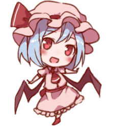 Rule 34 | 1girl, :d, ascot, bat wings, blue hair, blush, commentary request, dress, full body, hat, hat ribbon, head tilt, looking at viewer, lowres, mob cap, open mouth, outstretched arms, pink dress, pink hat, red ascot, red eyes, red footwear, red ribbon, red sash, remilia scarlet, ribbon, sash, shoes, short hair, simple background, smile, snozaki, solo, standing, touhou, white background, wings