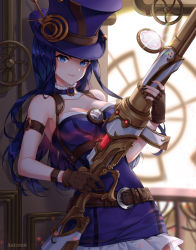 Rule 34 | 1girl, absurdres, aniroud, arm strap, belt, blue eyes, brown belt, caitlyn (league of legends), chest harness, closed mouth, dress, gun, harness, hat, highres, holding, holding gun, holding weapon, league of legends, long hair, looking at viewer, purple dress, purple hat, rifle, sniper rifle, solo, strapless, strapless dress, top hat, upper body, weapon