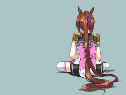 Rule 34 | 1girl, absurdres, animal ears, black shorts, brown hair, clothing cutout, commentary request, crossed legs, ear ornament, epaulettes, from behind, highres, horse ears, horse girl, horse tail, jacket, blue background, long hair, no uwazumi, pink jacket, ponytail, sakura bakushin o (umamusume), shorts, sitting, sleeveless, sleeveless jacket, solo, tail, tail through clothes, thighhighs, umamusume, very long hair, white thighhighs