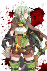 Rule 34 | 10s, 1girl, belt, black gloves, blood, boots, bow, bow (weapon), breasts, brown footwear, cape, commentary request, cowboy shot, cross-laced clothes, elbow gloves, elf, gloves, goblin, goblin slayer!, green eyes, green hair, hair bow, high elf archer (goblin slayer!), highres, holding, holding weapon, knife, long hair, looking to the side, midriff peek, pointy ears, quiver, short hair, short shorts, shorts, sidelocks, skyrail, small breasts, standing, thigh boots, thighhighs, weapon