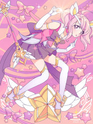 Rule 34 | 1girl, alternate costume, alternate hair color, alternate hairstyle, black bow, black bowtie, blouse, boots, bow, bowtie, choker, dated, diffraction spikes, elbow gloves, female focus, full body, gloves, glowing, high heel boots, high heels, league of legends, lux (league of legends), magical girl, orange background, pink background, pink hair, pink shirt, pleated skirt, purple background, purple skirt, ribbon, shirt, skirt, sleeveless, sleeveless shirt, solo, star guardian (league of legends), star guardian lux, thighhighs, tiara, twintails, white gloves, white thighhighs