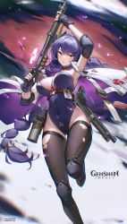 Rule 34 | 1girl, absurdres, alternate costume, arm up, armpits, bilibili xiaolu, blush, braid, breasts, brown thighhighs, cartridge, chinese commentary, commentary request, copyright name, elbow pads, finger on trigger, fingerless gloves, floating hair, genshin impact, gloves, gun, gun on back, hand up, highleg, highleg leotard, highres, holding, holding gun, holding weapon, jacket, knee pads, large breasts, leotard, long hair, looking at viewer, low-braided long hair, low-tied long hair, mitsudomoe (shape), parted lips, pink hair, purple gloves, purple hair, purple leotard, raiden shogun, shotgun, sleeveless, sleeveless jacket, solo, standing, standing on one leg, strapless, strapless leotard, thighhighs, thighs, tomoe (symbol), torn clothes, torn thighhighs, very long hair, weapon, weapon on back, white jacket