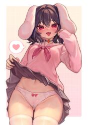 Rule 34 | 1girl, :d, absurdres, adapted costume, animal ears, arm up, blush, bow, bow panties, carrot, choker, commentary request, cowboy shot, crotch seam, fang, floppy ears, heart, highres, inaba tewi, lifted by self, looking at viewer, medium hair, open mouth, panties, pink background, pleated skirt, pussy, qiu ju, rabbit ears, red bow, school uniform, see-through, simple background, skin fang, skirt, sleeves past wrists, smile, solo, spoken heart, thighhighs, touhou, underwear, upskirt, white panties, white thighhighs