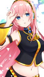 Rule 34 | 1girl, armband, bare shoulders, belt, black shirt, black skirt, blouse, commentary, detached sleeves, gold trim, hand up, headphones, highres, katsuobushi (eba games), long hair, megurine luka, midriff, navel, parted lips, pink hair, see-through, see-through sleeves, shirt, single detached sleeve, skirt, solo, upper body, very long hair, vocaloid
