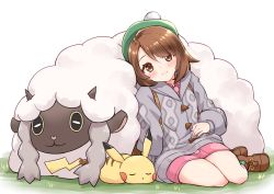 Rule 34 | 1girl, :3, backpack, bag, blush, brown eyes, brown hair, cardigan, closed eyes, commentary request, creatures (company), dress, game freak, gen 1 pokemon, gen 8 pokemon, gloria (pokemon), green headwear, grey cardigan, hat, horns, long sleeves, looking at viewer, nintendo, pikachu, pink dress, pokemon, pokemon (creature), pokemon swsh, profnote, sheep, short hair, simple background, sitting, sleeping, smile, tam o&#039; shanter, white background, wooloo
