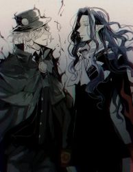 Rule 34 | 2boys, ascot, beard, blue hair, blue skin, cloak, colored skin, count of monte cristo (gankutsuou), earrings, edmond dantes (fate), facial hair, fate/grand order, fate (series), fedora, floating hair, formal, gankutsuou, hair over one eye, half-closed eyes, hat, jewelry, long hair, looking at another, male focus, multiple boys, name connection, pointy ears, rata to, short hair, suit, wavy hair, white hair