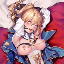 Rule 34 | 1girl, ahegao, armpits, arms up, bdsm, bed sheet, black gloves, blonde hair, blue capelet, blush, breasts, breasts out, capelet, chain, commentary, cropped, cuffs, dakimakura (medium), detached sleeves, dog tags, drooling, facing viewer, from above, gag, gagged, genshin impact, gloves, hair between eyes, jean (genshin impact), looking at viewer, lying, medium breasts, medium hair, nipple chain, nipple piercing, nipples, on back, open mouth, piercing, ponytail, purple eyes, qi yuan zhi yu, ring gag, rolling eyes, saliva, sample watermark, shackles, slave, solo, tongue, tongue clamp, tongue out, underbust, upper body, watermark