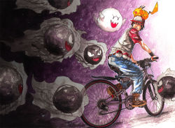 Rule 34 | 1boy, bad id, bad pixiv id, baseball cap, bicycle, boo (mario), boots, chasing, company connection, creatures (company), crossover, denim, fleeing, game freak, gastly, gatte, gen 1 pokemon, ghost, hat, looking back, mario (series), nintendo, object on head, odd one out, pikachu, poke ball, pokemon, pokemon (creature), raglan sleeves, red (pokemon), traditional media, waist poke ball, wristband