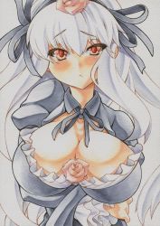 Rule 34 | 1girl, blush, breasts, cleavage, flower, frilled sleeves, frills, frown, gothic lolita, hair flower, hair ornament, hair ribbon, large breasts, lolita fashion, marker (medium), mechanical pencil, millipen (medium), pencil, red eyes, ribbon, rozen maiden, simple background, solo, suigintou, traditional media, uneven eyes, white background, white hair, yutakasan-love