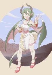 Rule 34 | 1girl, :d, ankleband, bad id, bad pixiv id, bare shoulders, blue sky, breasts, choker, clenched hand, cloud, draco centauros, dragon girl, dragon horns, dragon tail, dragon wings, dress, eyebrows, eyelashes, fang, fingernails, full body, green hair, hair between eyes, hand up, high heels, highres, horns, legs apart, long fingernails, long hair, mary janes, medium breasts, nomura (buroriidesu), open mouth, palms, pink footwear, pink wings, pointy ears, puyopuyo, puyopuyo 7, sash, scales, sharp fingernails, shoes, short hair with long locks, side slit, sky, smile, solo, spikes, standing, strapless, strapless dress, tail, thigh strap, v, v-shaped eyebrows, white choker, white dress, wings, yellow eyes