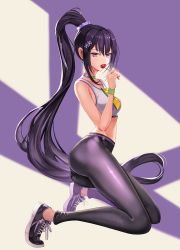 Rule 34 | 1girl, black hair, blue archive, candy, choker, closed mouth, crop top, flower, food, full body, green choker, hair flower, hair ornament, light blush, lollipop, long hair, looking at viewer, midriff, nayamer, ponytail, purple eyes, simple background, sports bra, sumire (blue archive)