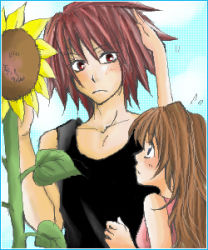 Rule 34 | 00s, anna irving, blush, brown eyes, brown hair, couple, flower, kratos aurion, lowres, oekaki, red hair, sunflower, tales of (series), tales of symphonia
