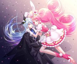 Rule 34 | 10s, 1boy, 1girl, animal ears, bad id, bad pixiv id, bishounen, black pants, black shirt, blue hair, cake hair ornament, choker, colored eyelashes, extra ears, eye contact, food-themed hair ornament, gloves, grey background, hair ornament, hairband, julio (precure), kirakira precure a la mode, lady y, long hair, looking at another, pants, pink choker, pink eyes, pink footwear, pink hair, pink hairband, precure, rabbit ears, shirt, shoes, skirt, sparkle, twintails, usami ichika, white gloves, white skirt