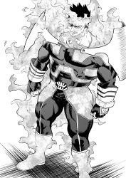 Rule 34 | 1boy, armor, bara, bodysuit, boku no hero academia, bulge, couple, covered abs, endeavor (boku no hero academia), facial hair, feathered wings, full body, greyscale, highres, large pectorals, male focus, mature male, monochrome, muscular, muscular male, p (pppppppppq), pauldrons, pectorals, scar, scar across eye, scar on face, short hair, shoulder armor, sideburns, solo, spiked hair, standing, stubble, thick thighs, thighs, wings, yaoi