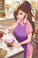 Rule 34 | 1girl, ahoge, alternate costume, apron, baking, blurry, bread, breasts, brown eyes, brown hair, cabinet, cake, cake stand, closed mouth, commentary, counter, curtains, cutting board, day, depth of field, dress, english commentary, flower, food, from above, fruit, hair over one eye, high ponytail, highres, icing, indoors, kitchen, kono subarashii sekai ni shukufuku wo!, large breasts, light smile, long hair, no pants, oversized clothes, oversized shirt, pastry bag, pink dress, pink shirt, ponytail, purple apron, rolling pin, sendo (sendrawz), shirt, short sleeves, stool, strawberry, table, valentine, vase, window, wiz (konosuba), wooden floor
